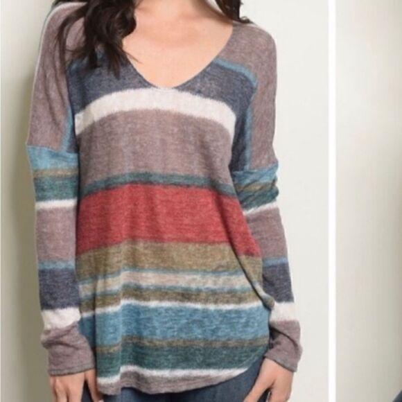 Soprano Striped V Neck Woven Sweater Tunic Sz Small - Picture 7 of 9